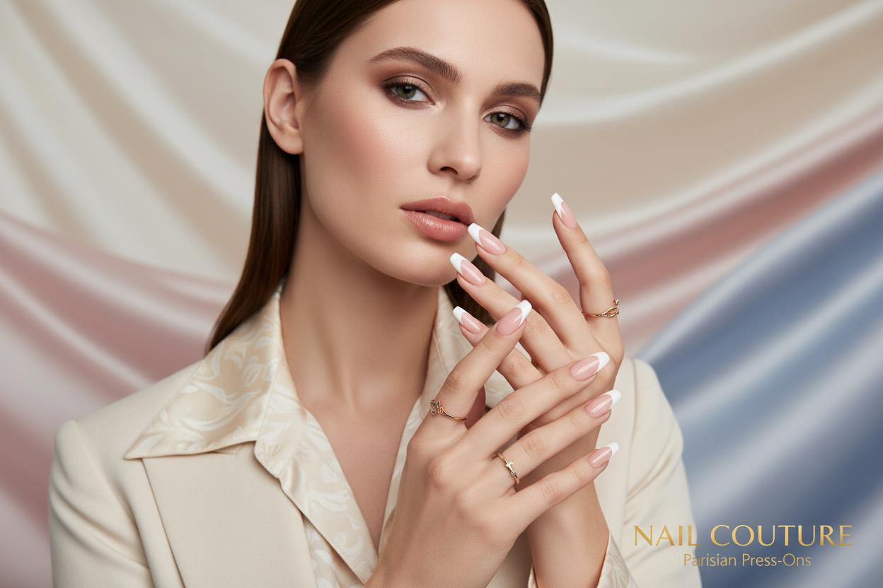 帮我生成一位时尚白人女性展示法式穿戴甲的横版banner高清图